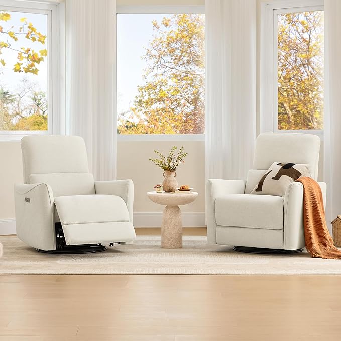 CHITA Power Recliner Chair Swivel Glider, FSC Certified Upholstered Living Room Nursery Reclining Sofa Chair with Lumbar Support, Linen