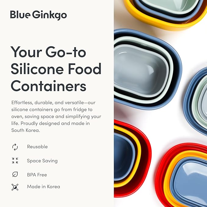 BLUE GINKGO Nesting Silicone Containers - Large Silicone Food Storage Container | BPA Free, Airtight, Dishwasher and Freezer Safe (47.5 oz) - Blue