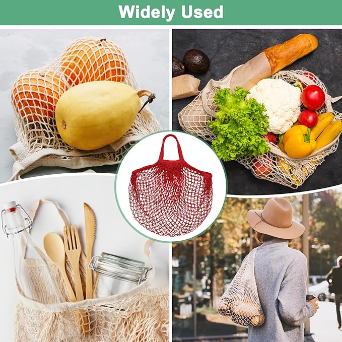 2-Pack Cotton Mesh Bag, Reusable Washable Mesh Net String Grocery Bags, Reusable Produce Bags with Handle, Net Tote Bag for Fruits/Vegetables Shopping [Red, Long&Short Handle]