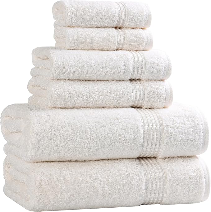 Superior Egyptian Cotton 6-Piece Towel Set, Bathroom Essentials, Towels For Bathroom, Apartment, Airbnb, Guest Bath, Face, Hand, Bath Towels, Washcloths, Absorbent, Fast Drying, Ivory