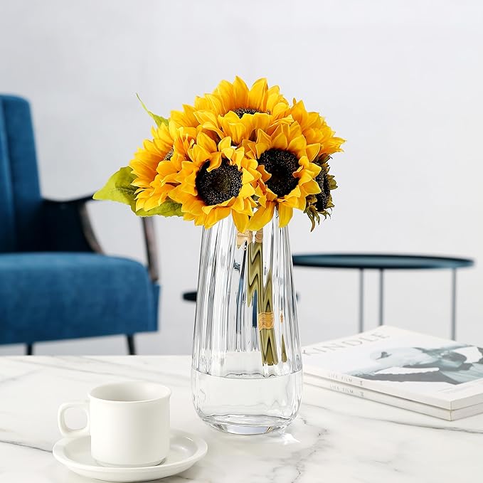 Modern Glass Vase Crystal Clear H-9.8" Cute Tall Flower Vases for Bouquet Farmhouse Home Office Decor Centerpieces(Clear)