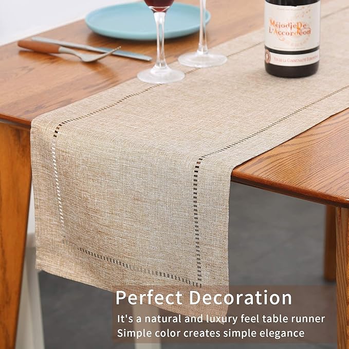 Tosewever Decorative Linen Table Runner Farmhouse Style Tabletop Collection 14 x 72 Inches Table Runners for Everyday Dining Wedding Party Holiday Home Decor (14" x 72", Light Coffee/Straight)