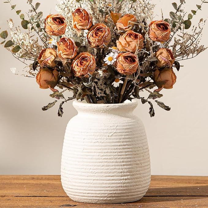 Ceramic Flower Vase, 6“ Small Rustic Farmhouse Vases Home Decor, Short Pottery Decorative Pampas Vase for Table Living Room Entryway Mantel Bookshelf Bedroom Bathroom Kitchen-White