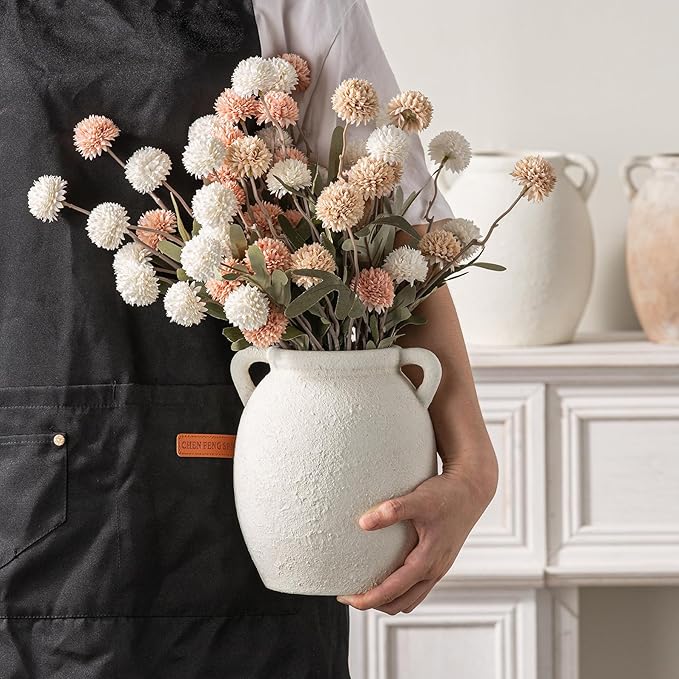 Ceramic Flower Vase 7.6 inch Farmhouse Rustic Vase Decorative Pottery Terracotta Vases for Home Decor Table Mantle Fireplace Living Room Bathroom Wedding Centerpiece (White-Upgraded)