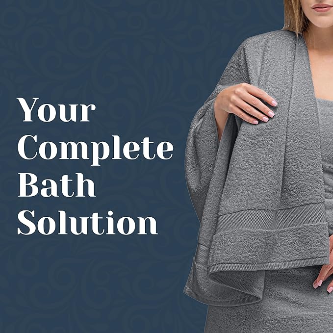 White Classic Luxury Bath Towel Set of 8 Pieces - 100% Turkish Cotton Highly Absorbent Towels for Bathroom, 2 Luxury Bath Towels 700GSM, 2 Hand Towels, 4 Washcloths, Light Gray