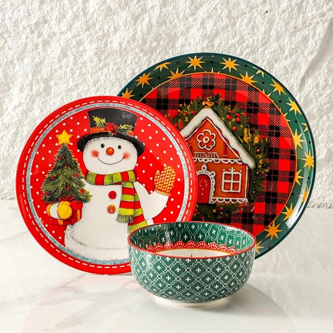 Stoneware Pasta and Bowls Set, Christmas Dinnerware sets,12 Piece for Dish set for Holiday Gatherings,Microwave and Dishwasher Safe