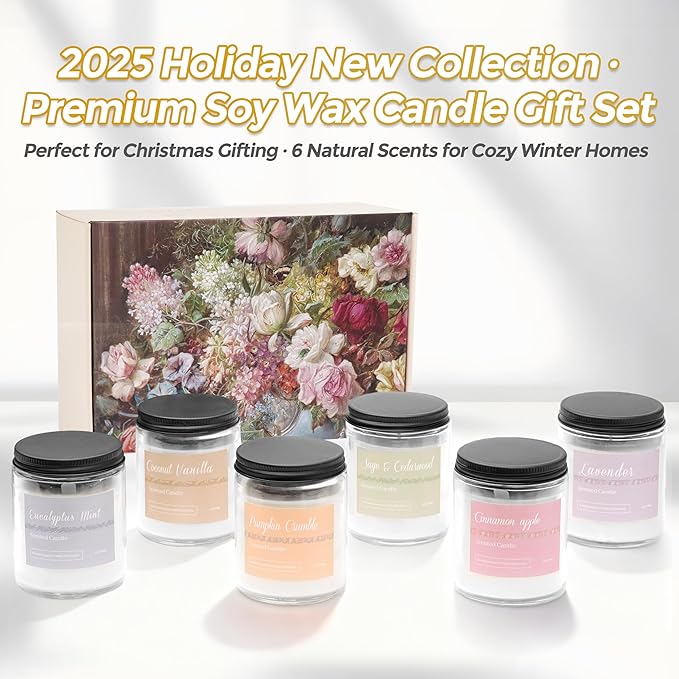 6 Pack Fall Candles for Home Scented, Fall Scented Candles for Women Gifts Autumn Home Decor, Natural Non Toxic Soy Candle Set Pumpkin/Cinnamon Apple/Vanilla/Lavender/Sage/Eucalyptus