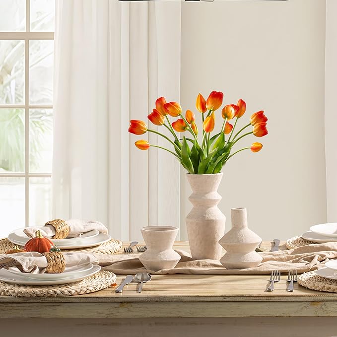 Ceramic Vase Home Table Decor - White Flower Vase Set of 3 Living Room Kitchen Decorations Farmhouse Modern Rustic Vases Decorative Centerpiece for Shelf Bedroom Office Bathroom Dining Coffee Desk