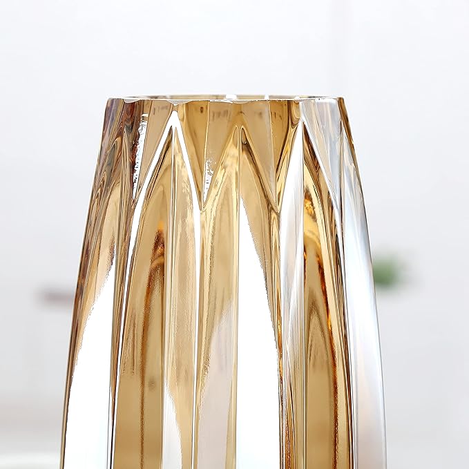 Amber Glass Vase - Modern Tall/Short Ribbed Vase for Flowers & Candles - Amber H11.8" Centerpiece HomeDecor