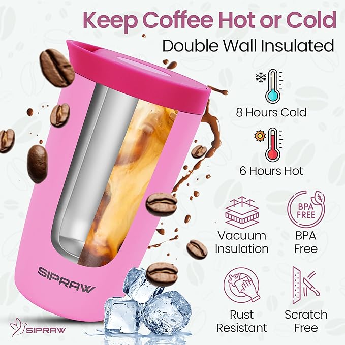Travel Coffee Mug Tumbler, Reusable Iced Coffee Hot Coffee Cup, Double Wall Insulated Thermal Stainless Steel Material, Gift for Women Men, Perfect for Camping Travelling, 12 oz, Pink
