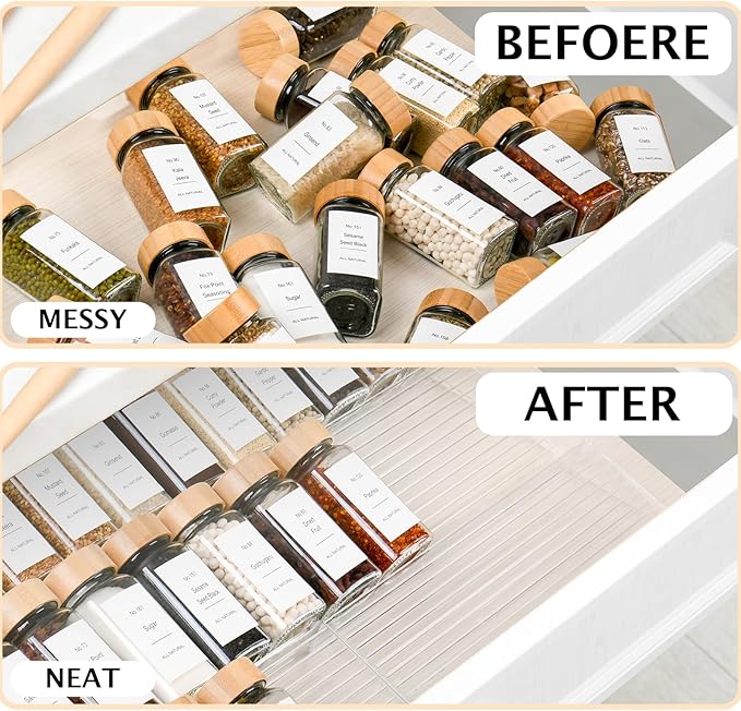 24 Pcs Glass Spice Jars Bamboo Lids with Spice Drawer Organizer Set, 4 Tier-8 Pack Acrylic Expandable Spice Rack , 396 Spice Labels, Seasoning Containers Organization for Kitchen Cabinet Countertop