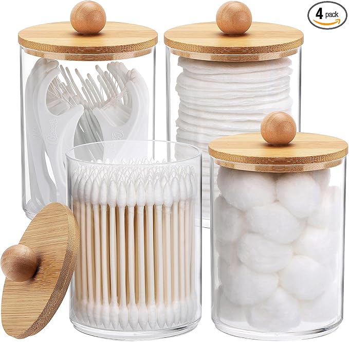 Tbestmax 4 Pack Qtip Holder, 10-Ounce Bathroom Organizer Accessories Storage Containers Clear Plastic Apothecary Jars with Bamboo Lids for Cotton Ball, Cotton Swab, Floss