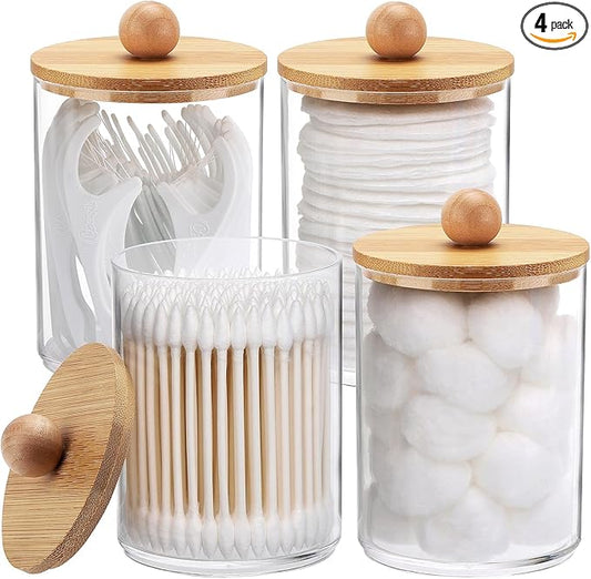 Tbestmax 4 Pack Qtip Holder, 10-Ounce Bathroom Organizer Accessories Storage Containers Clear Plastic Apothecary Jars with Bamboo Lids for Cotton Ball, Cotton Swab, Floss