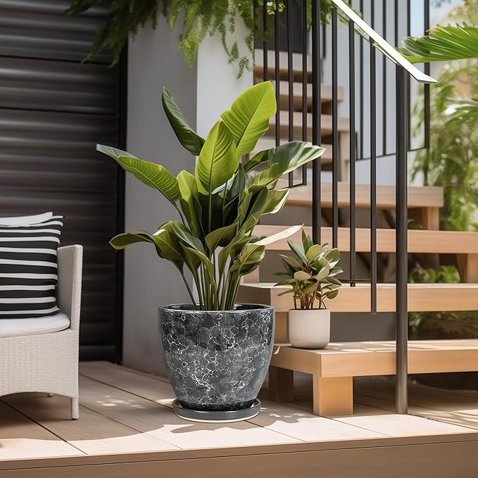 Ceramic Pots for Plants - 10 Inch Planter for Indoor Outdoor, Decorative Round Flower Pot with Drainage Hole and Saucer, Garden Patio Living Room Home Decor, Housewarming Gifts, Grey