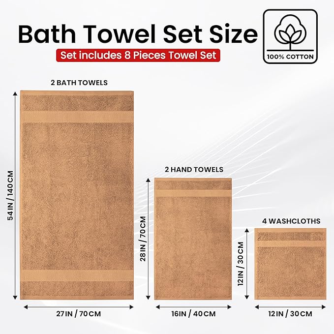 Infinitee Xclusives Luxury 100% Cotton Towel Set – 8 Piece Bathroom Towel Set (2 Bath Towels, 2 Hand Towels, 4 Washcloths) – Soft & Absorbent Towels for Bathroom (Cosmic Sand)