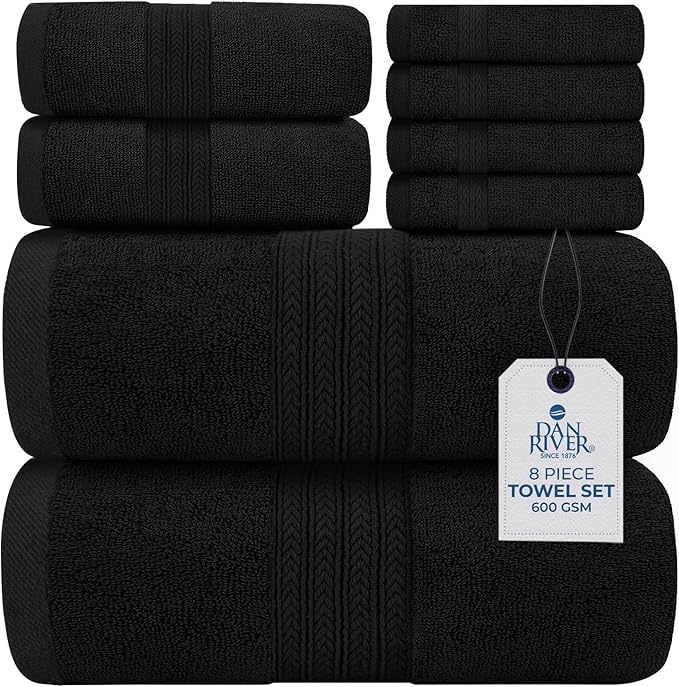 DAN RIVER 8 PC Luxury Bath Towels for Bathroom, 2 Bath, 2 Hand, and 4 Wash Cloths, 600 GSM 100% Ring Spun Cotton Towel Set, Highly Absorbent, Gym, Hotel, and Spa, Black