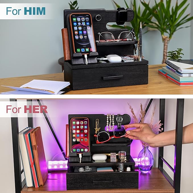 TESLYAR Wood Phone Docking Station with Drawer - Nightstand Organizer - Desk Organizer for Husband - Birthday Gifts for Men, Dad, Anniversary Idea, Key Holder Stand Watch & Accessories (Fumed Black)