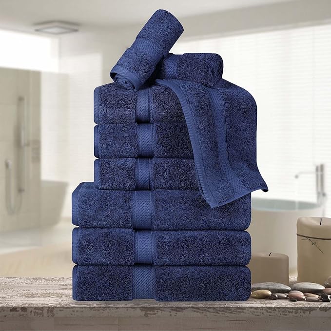 BNM Egyptian Cotton Heavyweight Towels, Ideal for Bathroom, Shower, Spa, Hotel, 800 GSM, Face/Washcloths, Hand Towels, Bath Towels, Highly-Absorbent, Luxury Home Basics, 9 Piece Towel Set, Navy Blue