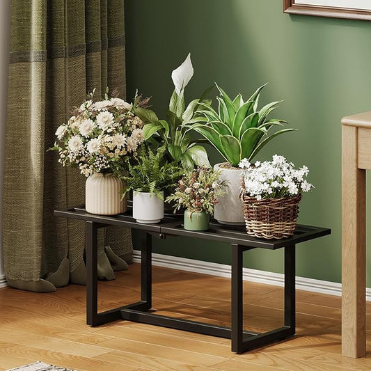2 Pack Metal Plant Stand Indoor, Outdoor Iron Plant Shelf, Heavy Duty Slatted Display Shelf for Patio Balcony Garden Living Room Load Bearing 330 LB 26" L x 10.4" H x 8.6" W 1 Tier Black
