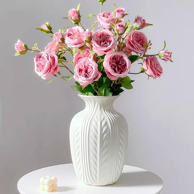 Matte White Ceramic Flower Vase, 10 Inch Unique Wheat Ear Textured Modern Large Vases for Trendy Home Decor Living Room Entryway Shelf Office Rustic Table Centerpiece (Matte White)