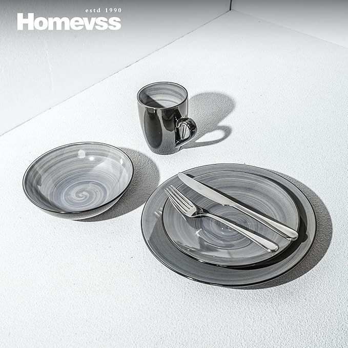 Sonoma Stoneware Dinnerware Set, Outside Black + Inside Hand Painting Color (16pc Set, Grey)