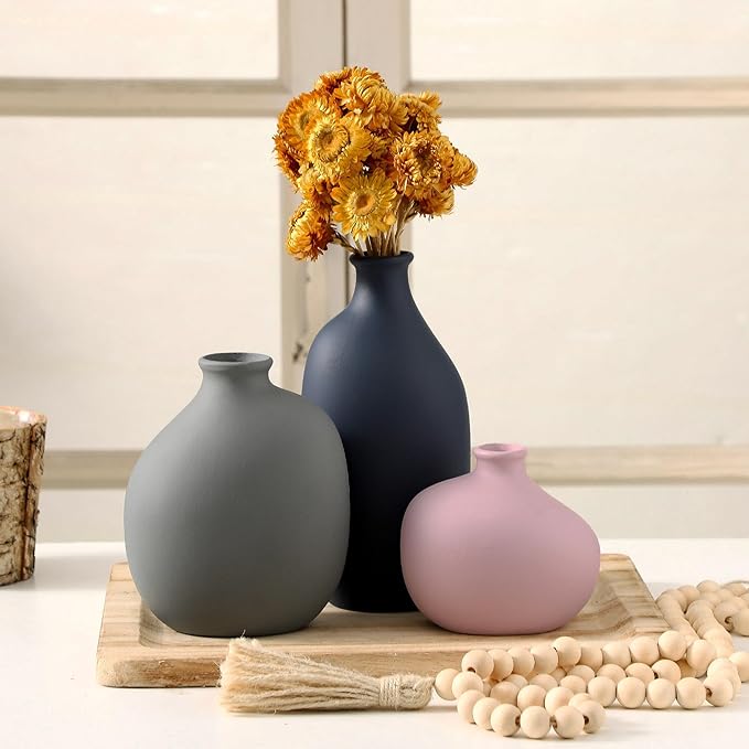 Ceramic Vase Set of 3,Decorative Vases Home Decor, Modern Boho Rustic Farmhouse Pottery Vases for Pampas Grass Dried Fresh Flowers,Bedroom,Living Room,Bookshelf, Mantel，Centerpiece Table Decor