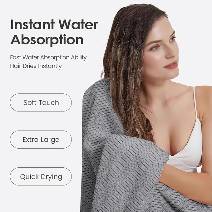 JML Microfier Bath Towels Set, Large Microfier Body Towel for Adult, 2 Pack, 30" x 60", Oversized, Soft, Super Absorbent, Fast Drying, Use for Suana,Gym,Sport, Fitness, Yoga, Diamond Cross Grid Gray