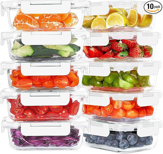 KOMUEE 10 Packs 22 oz Glass Meal Prep Containers, Glass Food Storage Containers with Lids, Airtight Lunch Boxes BPA Free, Microwave and Freezer Safe, White