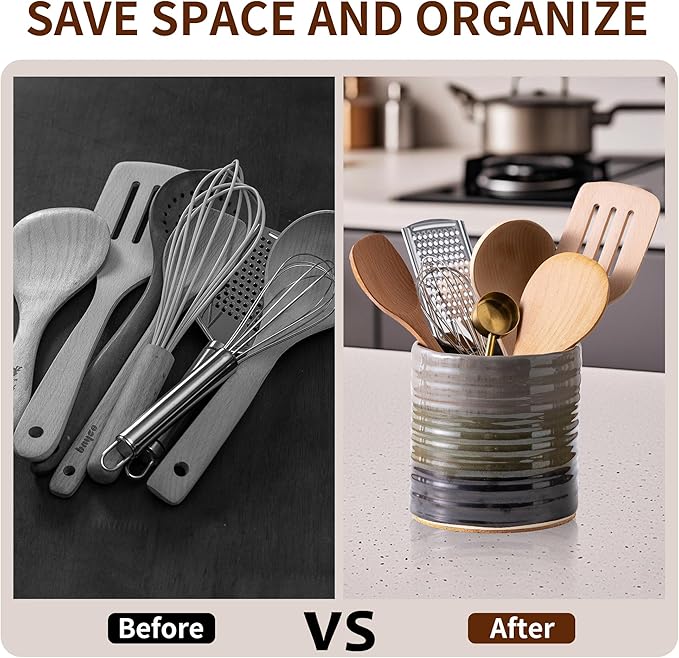 Utensil Holder 5.3" for Countertop, Ceramic Utensil Crocks for Kitchen Counter, Farmhouse Kitchen Décor Utensil Holder, Protection Cork Bottom
