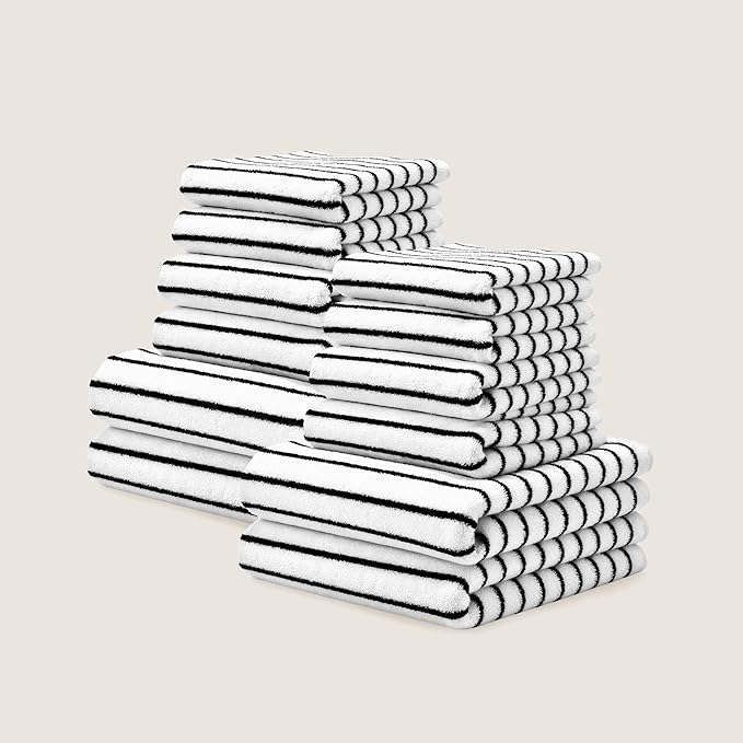 Italic Ultraplush 12-Piece Family Towel Set – Luxury Bath Towels, Hand Towels & Washcloths – Plush, Quick Dry, 800GSM 100% Australian Cotton for Bathroom & Spa - White & Blue (Striped)