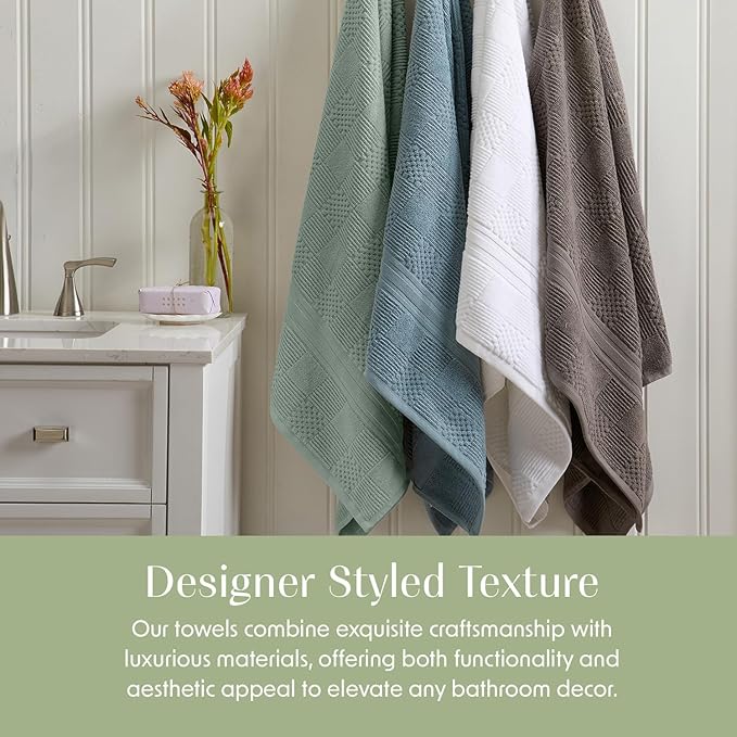 Springtree Home 100% Cotton Bath Towel Set of 4 | Green Bath Towels | Geometric Textured Design | Absorbent & Quick-Dry | 4 Bath Towels | Oeko-TEX® Standard 100 Cotton | Myla Collection - Lily Pad