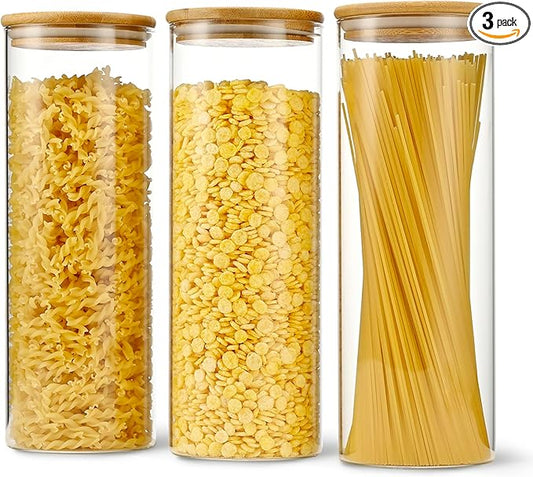 70oz Straight cylindrical Airtight Storage Jars with Bamboo Lid Set of 3 Storage Container Glass Jars, Kitchen Canister for Noodles, Pasta and Coffee beans (‎with Black Lable)