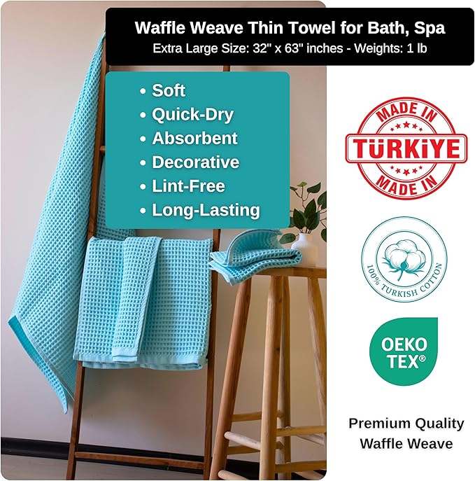 PÜSKÜL Premium Waffle Bath Towels Set of 2 - Organic 100% Turkish Cotton Bath Towel - Quick Dry, Absorbent, Light, Thin, 32x63 Large Waffle Towels (Aqua Turquoise Bath Towels - Pack of 2)