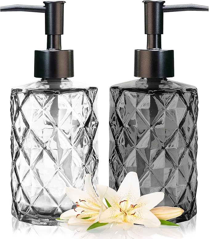 11oz Glass Soap Dispenser with Plastic Pump, Clear & Black Diamond Design Refillable Hand Soap Dispenser for Hand Wash and Dish Wash for Dishwashing Liquid, Lotion Shower Gel