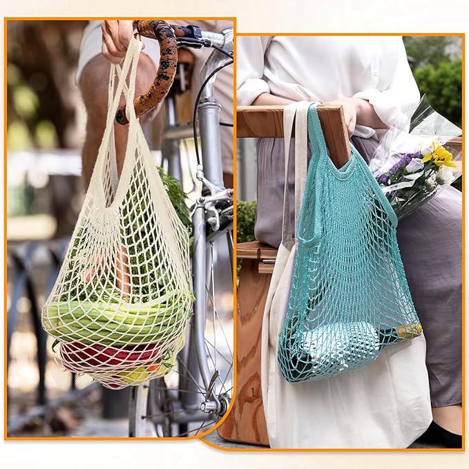 2-Pack Reusable Mesh Grocery Bags, Cotton String Storage Organizer Shopping Bags Washable Produce Bag with Long Handle Portable Net Tote Bag for Vegetables Fruit Farmers Market Shopping
