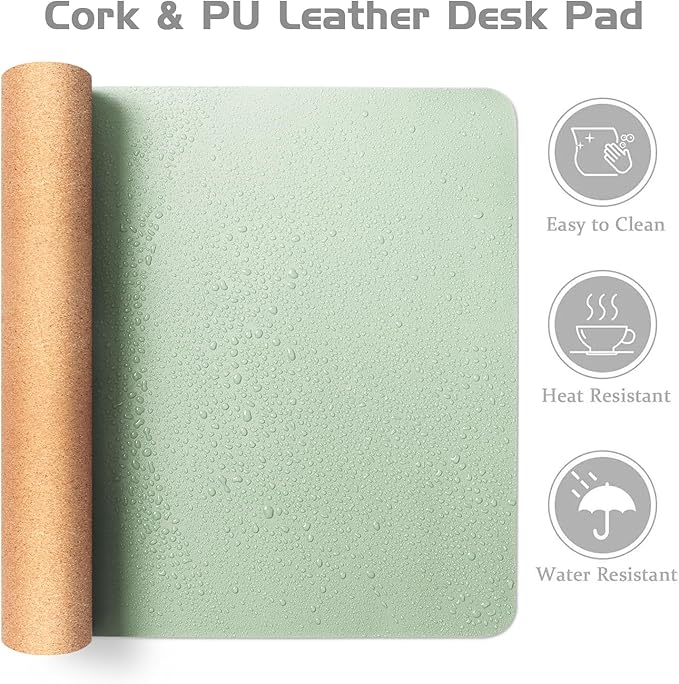 Aothia Double-Sided Desk Pad – 25.6"x13.7" Large Mouse Pad, Leather Desk Mat with Eco Cork Protector, Waterproof Desk Blotter for Office/Home (Aqua)