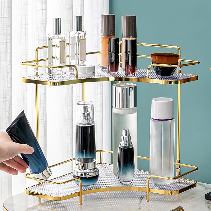 Seoneiro 2 Tier Corner Bathroom Counter Organizer, Cosmetic Skincare Organizer, Bathroom Countertop Perfume Tray Vanity Organizer, Kitchen Spice Corner Storage Shelf