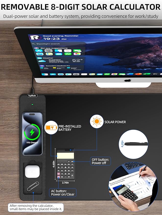 TopMade Mouse Pad with 15W Wireless Charging & Removable 8-Digit Solar Calculator, Exact Large Desk Pad, Waterproof Mousepad Home Office Desk Mat (Includes 20W PD Power Adapter & 6.56ft Woven Cable)