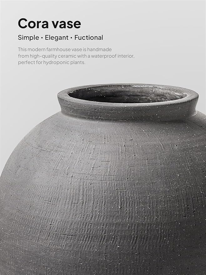 Black Ceramic Vase - Large 12.5 Inch Round Floor Vase for Centerpieces, Farmhouse Rustic Minimalist Home Decor (Sandstone Black)