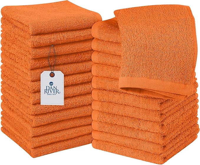 DAN RIVER 100% Cotton Wash Cloths 24 Pack [12x12] Soft & Absorbent washcloths for face, Gym, Hotels & Spa Perfect for Everyday Use Fingertip Towels, Orange