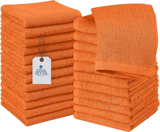 DAN RIVER 100% Cotton Wash Cloths 24 Pack [12x12] Soft & Absorbent washcloths for face, Gym, Hotels & Spa Perfect for Everyday Use Fingertip Towels, Orange