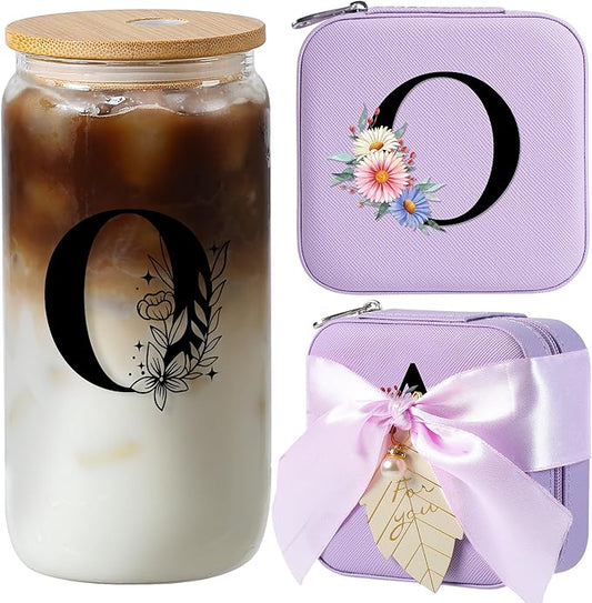 AYGXU Initial glass cups with bamboo lids,Travel Jewelry Case for Women Girls,Travel Jewelry Case Jewelry Box Organizer,coffee cups,Travel Gifts for Women Travel Essentials,Initial O purple