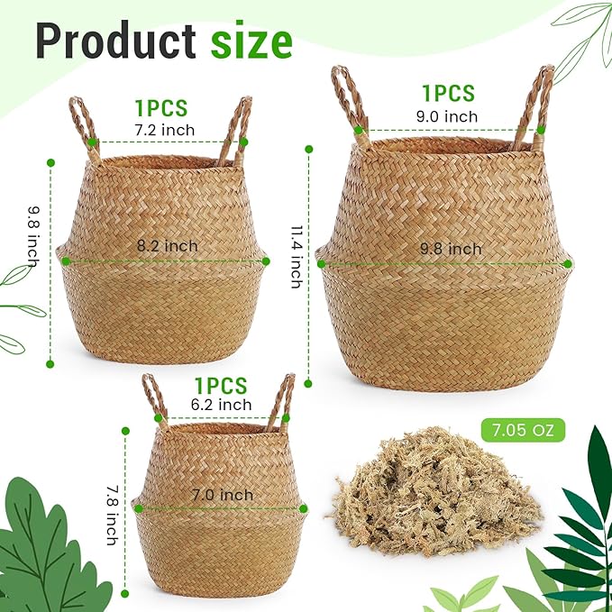 3 Pack Large Wicker Plant Basket with Handle 10 Inch Woven Seagrass Belly Basket and Artificial Moss for Plants Picnic Grocery Laundry House Storage Home Decor (Small,Medium,Large)