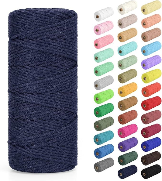 Macrame Cord 2mm x 220Yards (656Feet), Natural Cotton Macrame Rope - 2 Strands Twisted Macrame Cotton Cord for Wall Hanging, Plant Hangers, Crafts, Gift Wrapping and Wedding Decorations, Navy Blue