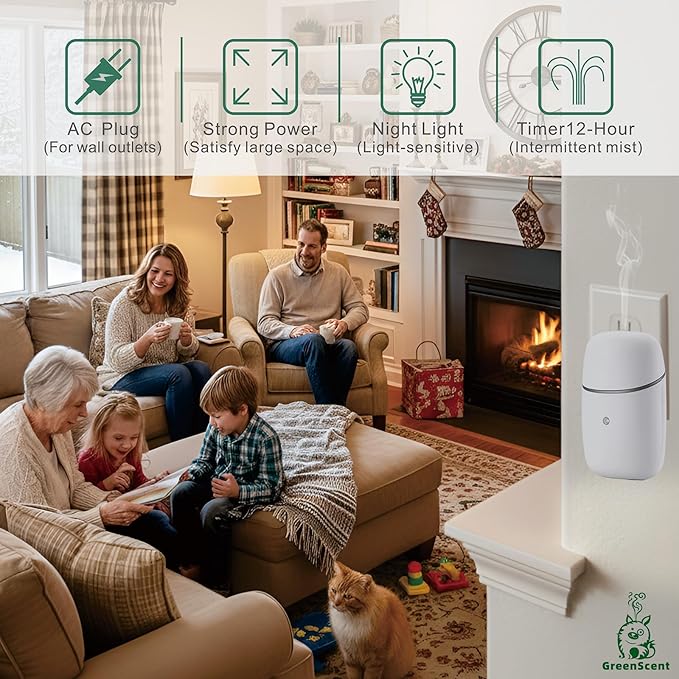 Waterless Essential Oil Diffuser, Plug in Diffuser for Home (Bathroom, Bedroom, Living Room, Kitchen), Office & Yoga Room - Daily 12H Timer Intermittent Dry Mist, Fits 10ml Oil Bottles, Night Light