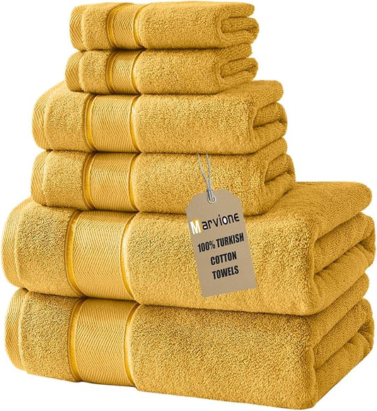 Marvione Bath Towels Set 6 Piece, 100% Turkish Cotton Highly Absorbent and Soft Towels for Bathroom 2 Bath Towels 2 Hand Towels 2 Washcloths, Gold