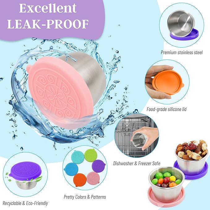 6x2.7 Oz Salad Dressing Container to Go,Handy Leakproof Stainless Steel Meal Prep Containers Reusable,Sauce Containers for Lunch Box, Picnics, Travel, Office and Kitchen Storage