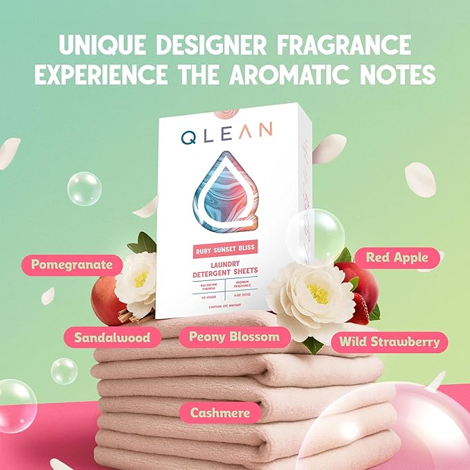 QLEAN Laundry Detergent Sheets – Travel-Friendly, HE & Standard Washer Safe, Liquidless Laundry Soaps, Quick-Dissolving Formula, Skin-Friendly (120 Loads, Ruby Sunset Bliss)