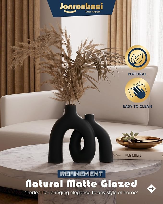 Matte Black Vase Set - Hug Hollow Donut Aesthetic Ceramic Vases Home Decor, Modern Nordic Minimalist Decorative Vase for Table Centerpiece Bookshelf Office Entryway Console Fireplace (Black)