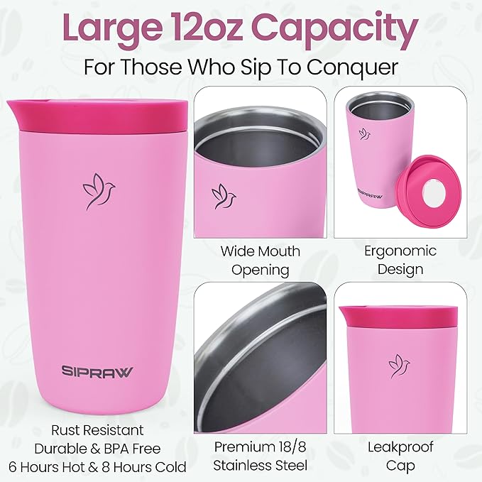 Travel Coffee Mug Tumbler, Reusable Iced Coffee Hot Coffee Cup, Double Wall Insulated Thermal Stainless Steel Material, Gift for Women Men, Perfect for Camping Travelling, 12 oz, Pink